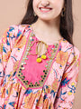 Girls Peach-coloured floral print empire dress Round neck Bell Sleeve Empire Midi Dress (IW-PEACHBLUEFLORAL)