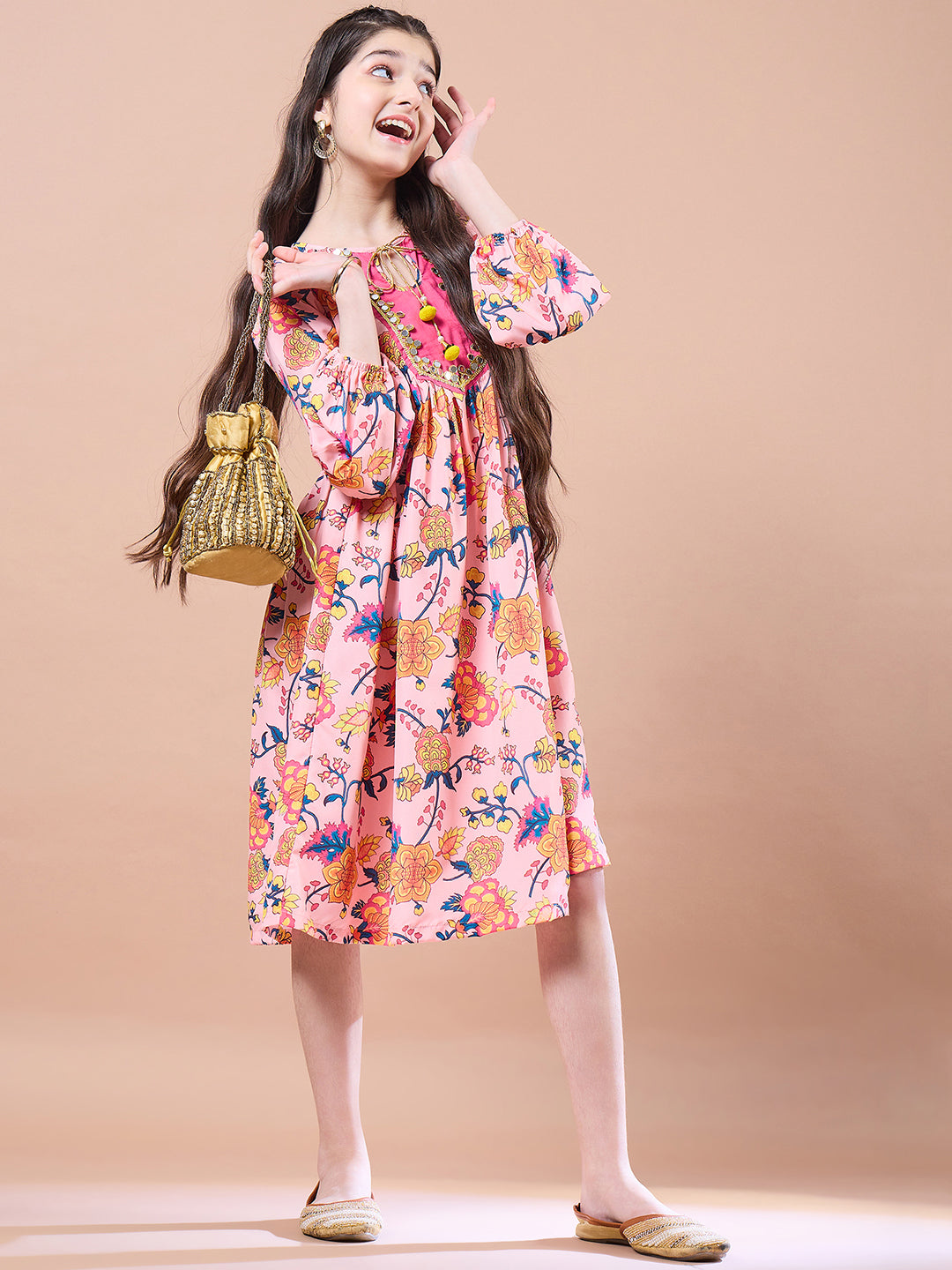 Girls Peach-coloured floral print empire dress Round neck Bell Sleeve Empire Midi Dress (IW-PEACHBLUEFLORAL)