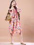 Girls Peach-coloured floral print empire dress Round neck Bell Sleeve Empire Midi Dress (IW-PEACHBLUEFLORAL)