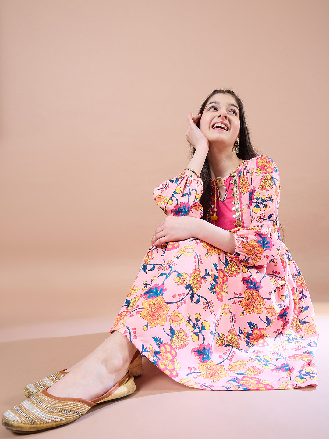 Girls Peach-coloured floral print empire dress Round neck Bell Sleeve Empire Midi Dress (IW-PEACHBLUEFLORAL)