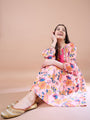 Girls Peach-coloured floral print empire dress Round neck Bell Sleeve Empire Midi Dress (IW-PEACHBLUEFLORAL)