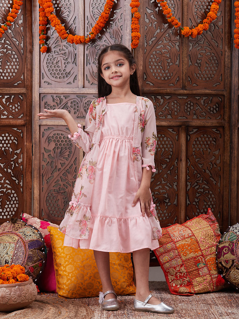 Pspeaches Girls Shoulder Straps Cotton Ethnic Dress With Printed Jacket (IW-PEACHCAPE)