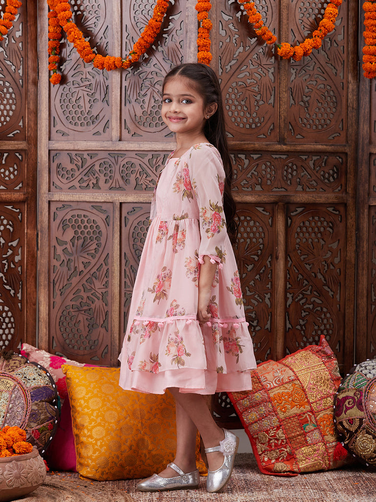 Pspeaches Girls Shoulder Straps Cotton Ethnic Dress With Printed Jacket (IW-PEACHCAPE)