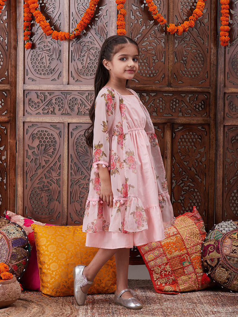 Pspeaches Girls Shoulder Straps Cotton Ethnic Dress With Printed Jacket (IW-PEACHCAPE)