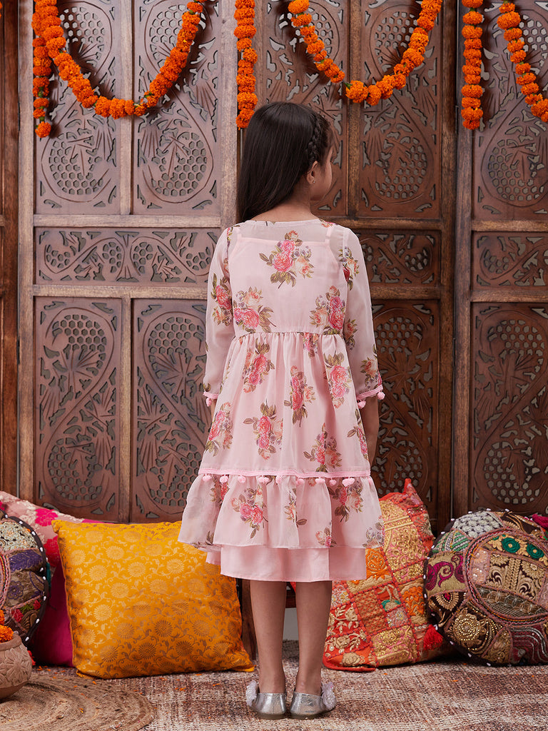 Pspeaches Girls Shoulder Straps Cotton Ethnic Dress With Printed Jacket (IW-PEACHCAPE)