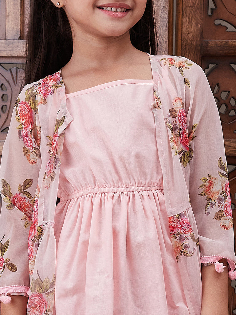 Pspeaches Girls Shoulder Straps Cotton Ethnic Dress With Printed Jacket (IW-PEACHCAPE)