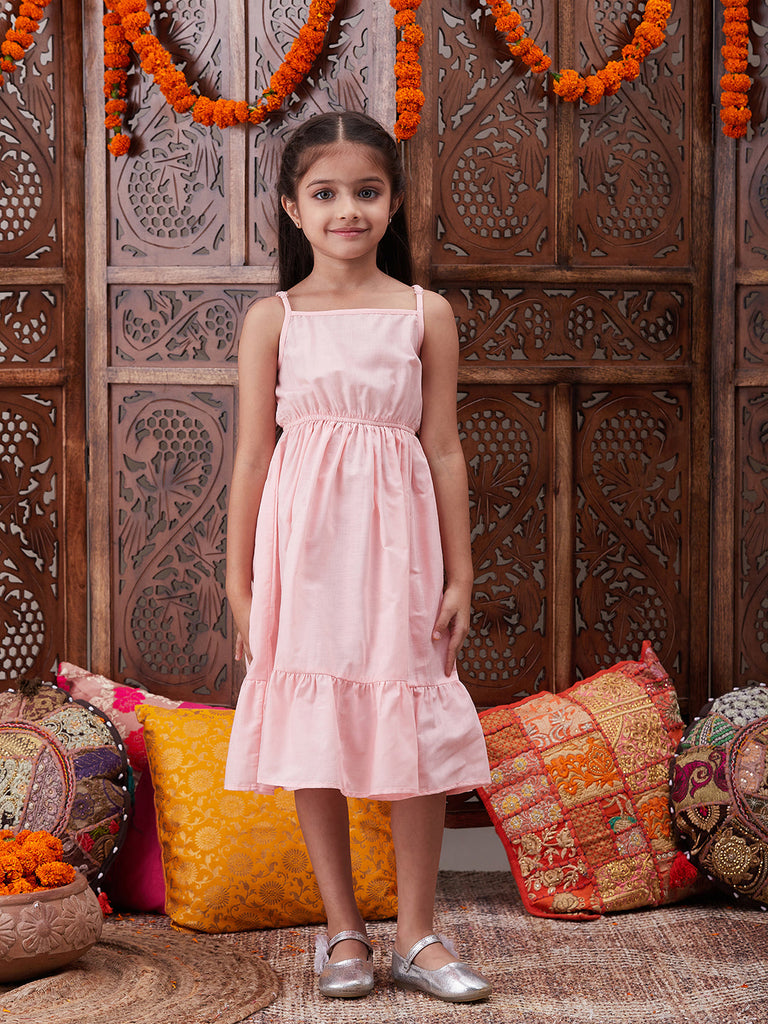 Pspeaches Girls Shoulder Straps Cotton Ethnic Dress With Printed Jacket (IW-PEACHCAPE)