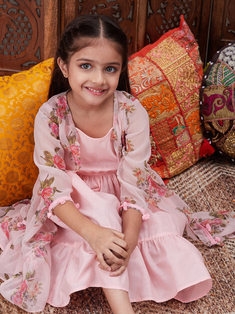 Pspeaches Girls Shoulder Straps Cotton Ethnic Dress With Printed Jacket (IW-PEACHCAPE)