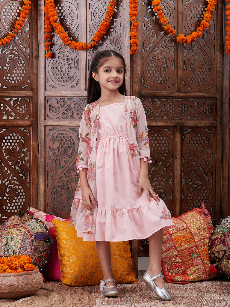 Pspeaches Girls Shoulder Straps Cotton Ethnic Dress With Printed Jacket (IW-PEACHCAPE)