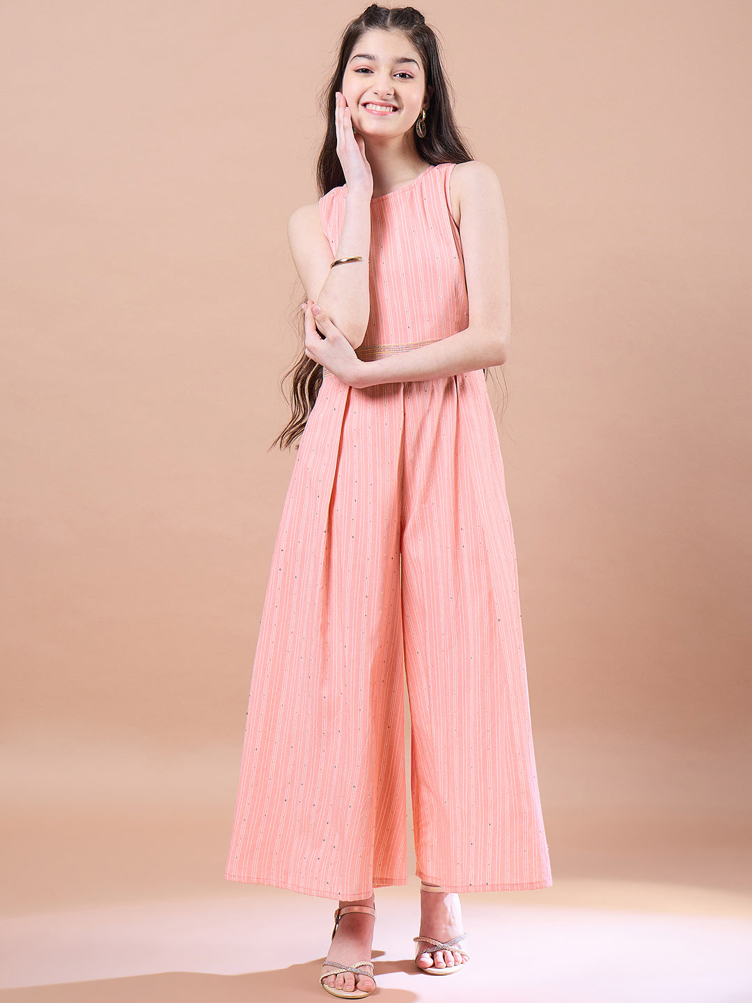 Girls Striped Basic Jumpsuit with Embellished (IW-PEACHJUMPSUIT)