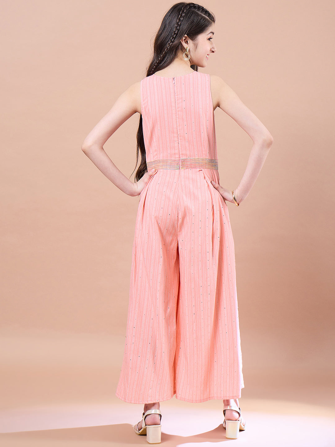 Girls Striped Basic Jumpsuit with Embellished (IW-PEACHJUMPSUIT)