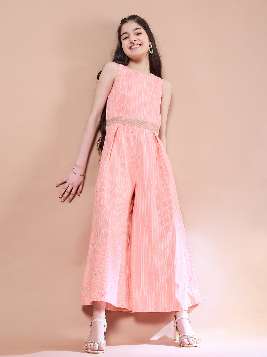 Girls Striped Basic Jumpsuit with Embellished (IW-PEACHJUMPSUIT)