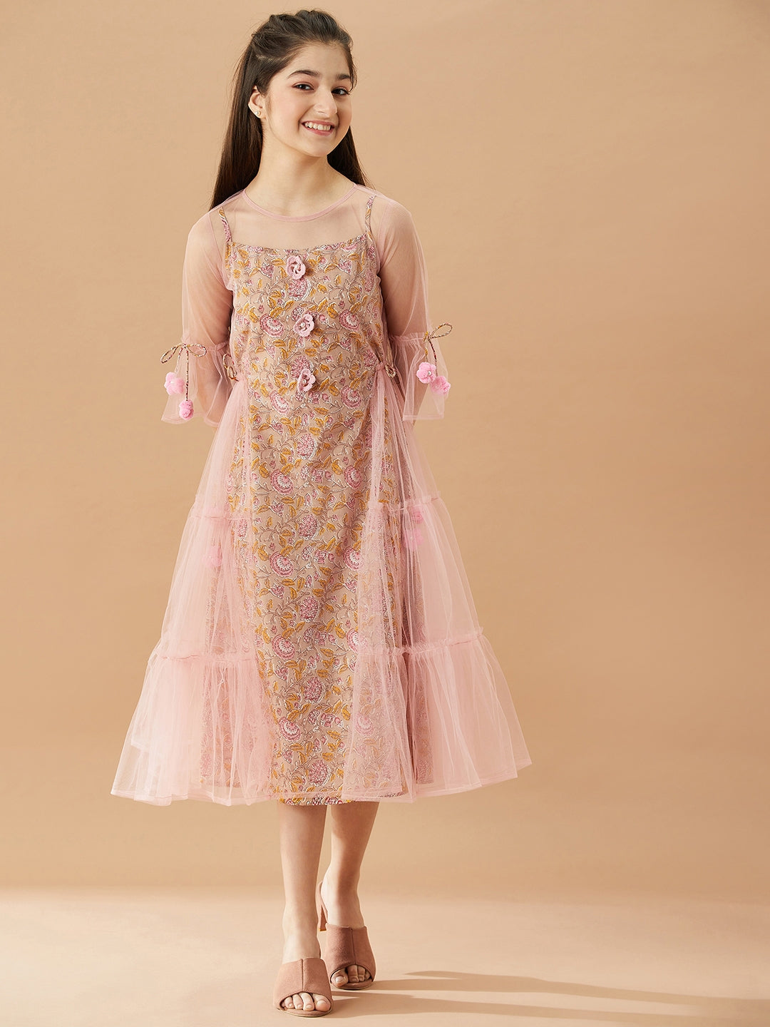 Girls Floral Printed Cotton A-Line Midi Dress (IW-PINKCROCHET)
