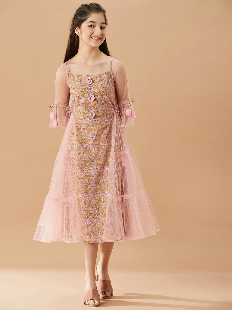 Girls Floral Printed Cotton A-Line Midi Dress (IW-PINKCROCHET)