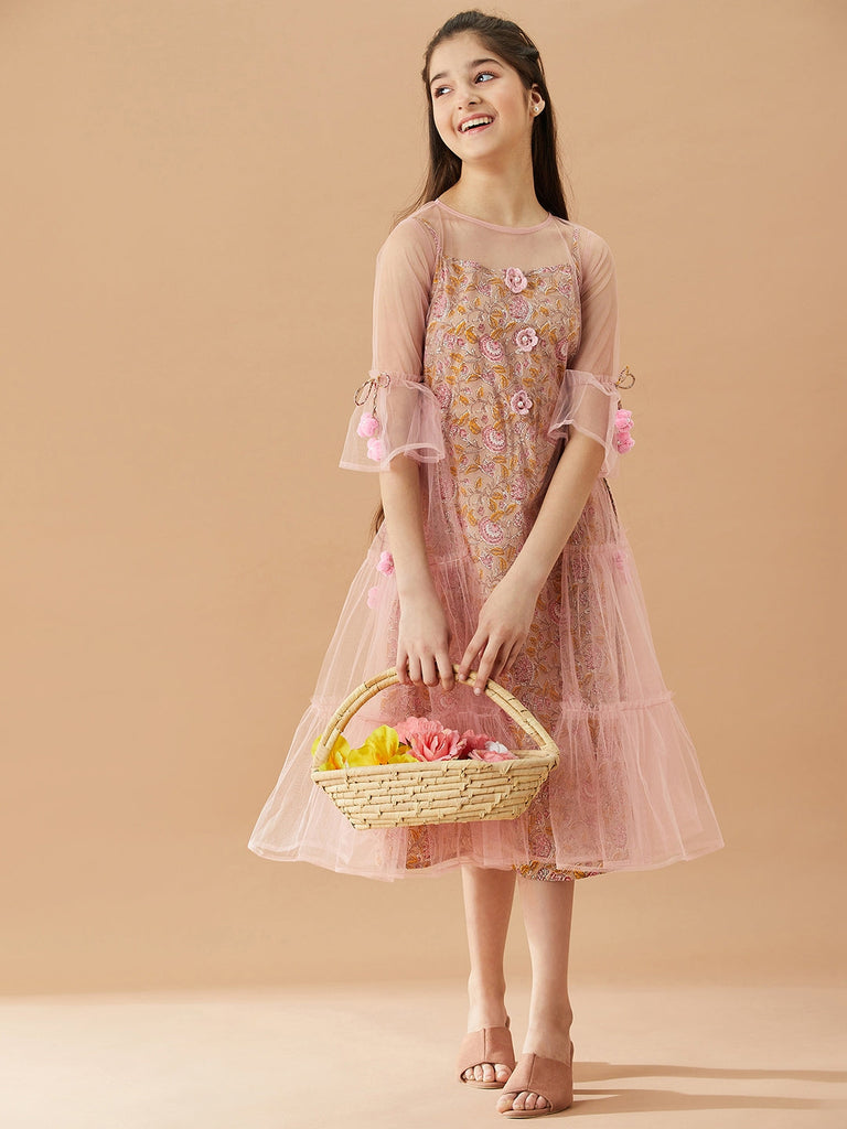 Girls Floral Printed Cotton A-Line Midi Dress (IW-PINKCROCHET)