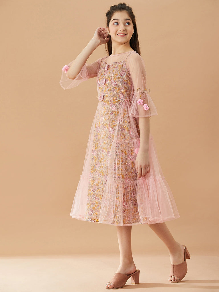 Girls Floral Printed Cotton A-Line Midi Dress (IW-PINKCROCHET)