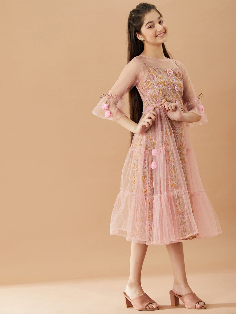 Girls Floral Printed Cotton A-Line Midi Dress (IW-PINKCROCHET)