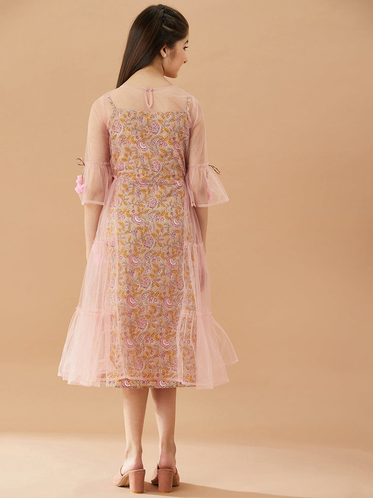 Girls Floral Printed Cotton A-Line Midi Dress (IW-PINKCROCHET)