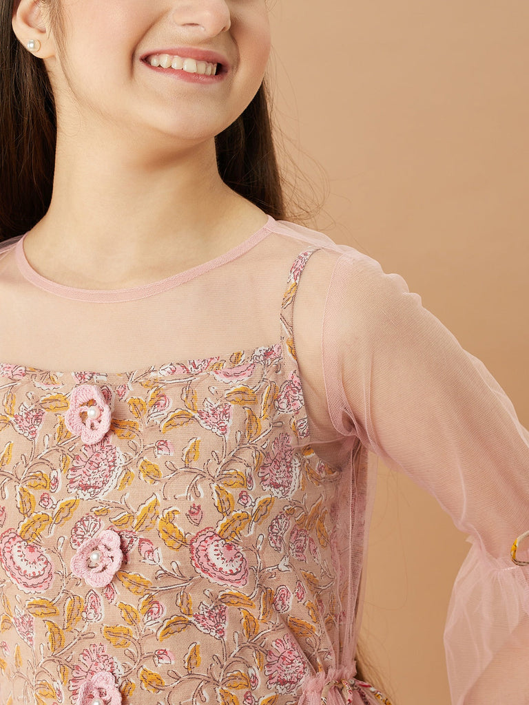 Girls Floral Printed Cotton A-Line Midi Dress (IW-PINKCROCHET)