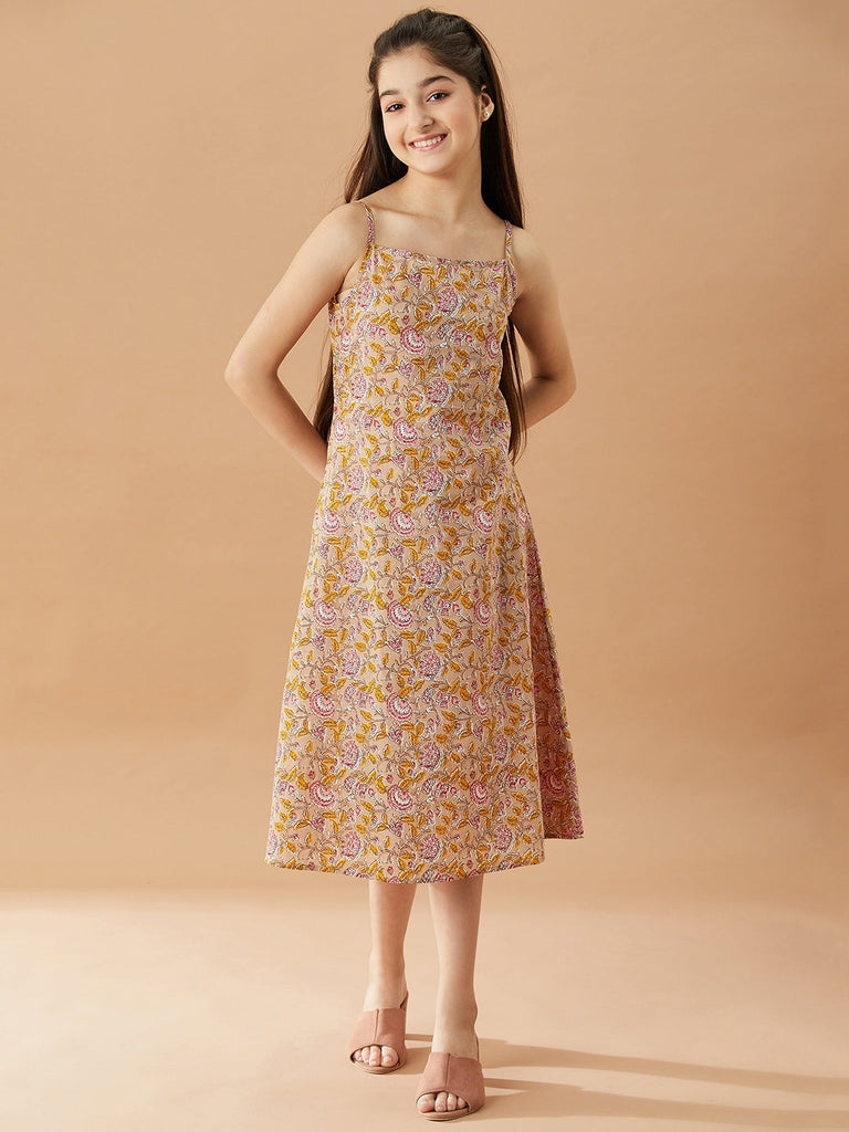 Girls Floral Printed Cotton A-Line Midi Dress (IW-PINKCROCHET)