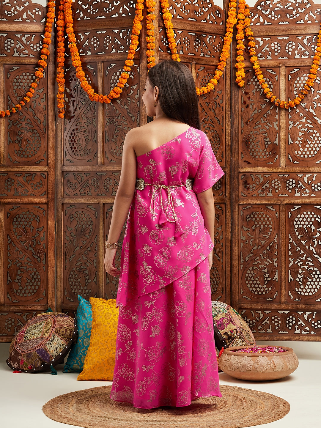 Pspeaches One Shoulder Floral Printed Top With Skirt & Waist Belt (IW-PINKFOILGGT)
