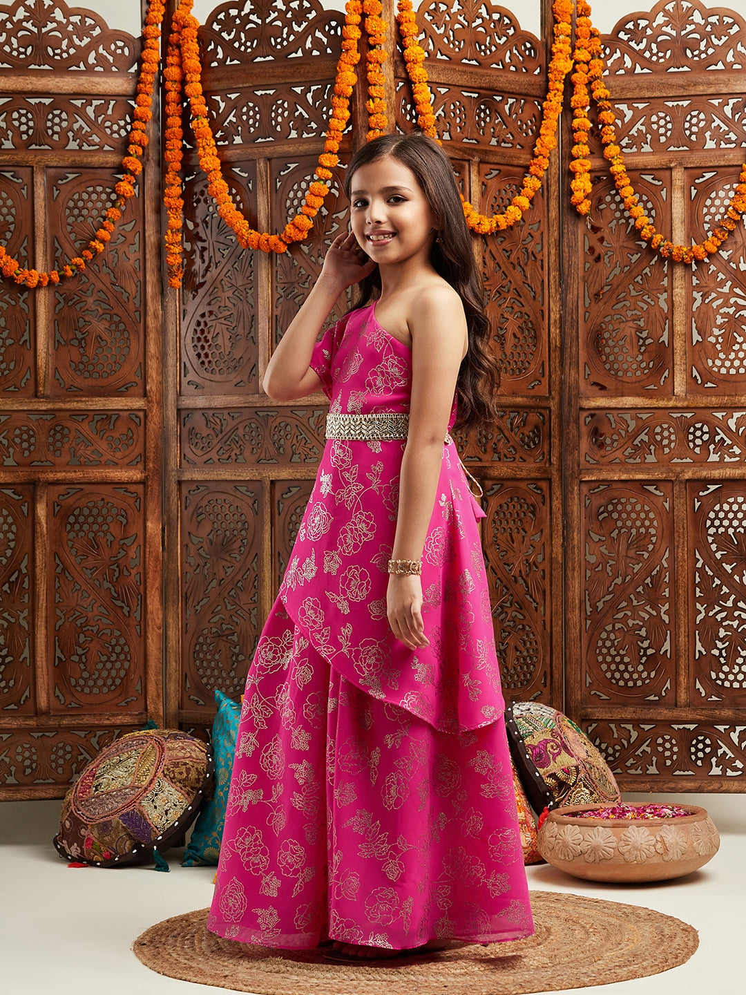 Pspeaches One Shoulder Floral Printed Top With Skirt & Waist Belt (IW-PINKFOILGGT)