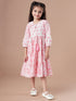Girls Tiered Floral Print Tie-Up Neck A-Line Midi Cotton Dress (IW-PINKOFFWHITE)