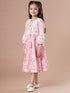 Girls Tiered Floral Print Tie-Up Neck A-Line Midi Cotton Dress (IW-PINKOFFWHITE)