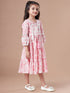 Girls Tiered Floral Print Tie-Up Neck A-Line Midi Cotton Dress (IW-PINKOFFWHITE)