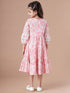 Girls Tiered Floral Print Tie-Up Neck A-Line Midi Cotton Dress (IW-PINKOFFWHITE)