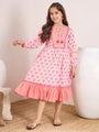 Girls Pink floral printed fit & flare dress Tie-Up Neck Cotton regular sleeves Midi Dress (IW-PINKORANGE)