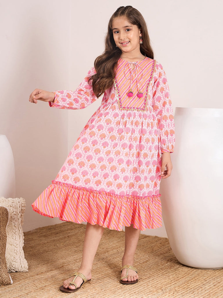 Girls Pink floral printed fit & flare dress Tie-Up Neck Cotton regular sleeves Midi Dress (IW-PINKORANGE)