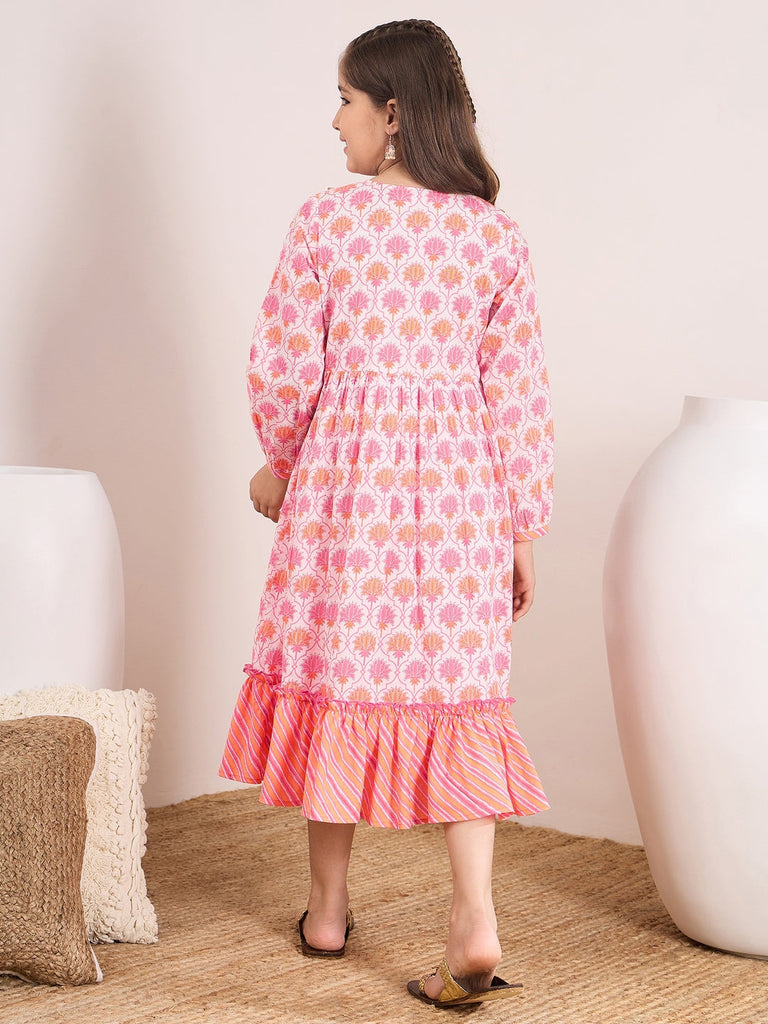 Girls Pink floral printed fit & flare dress Tie-Up Neck Cotton regular sleeves Midi Dress (IW-PINKORANGE)