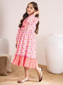 Girls Pink floral printed fit & flare dress Tie-Up Neck Cotton regular sleeves Midi Dress (IW-PINKORANGE)
