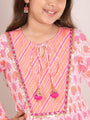 Girls Pink floral printed fit & flare dress Tie-Up Neck Cotton regular sleeves Midi Dress (IW-PINKORANGE)