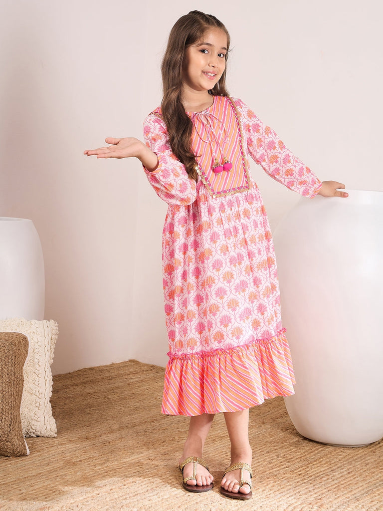 Girls Pink floral printed fit & flare dress Tie-Up Neck Cotton regular sleeves Midi Dress (IW-PINKORANGE)