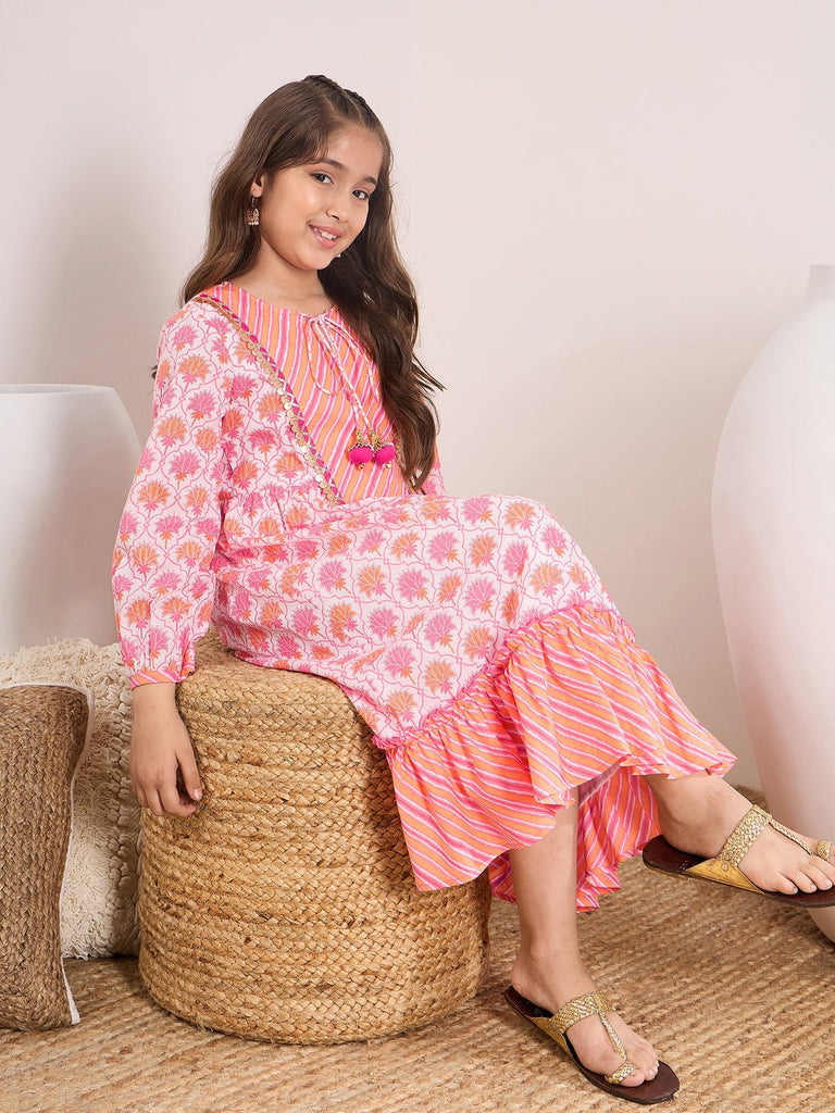 Girls Pink floral printed fit & flare dress Tie-Up Neck Cotton regular sleeves Midi Dress (IW-PINKORANGE)