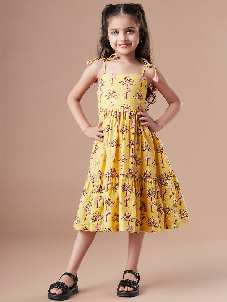 Girls Floral Printed Tiered Fit & Flare Midi Dress (IW-PINKPARROT)