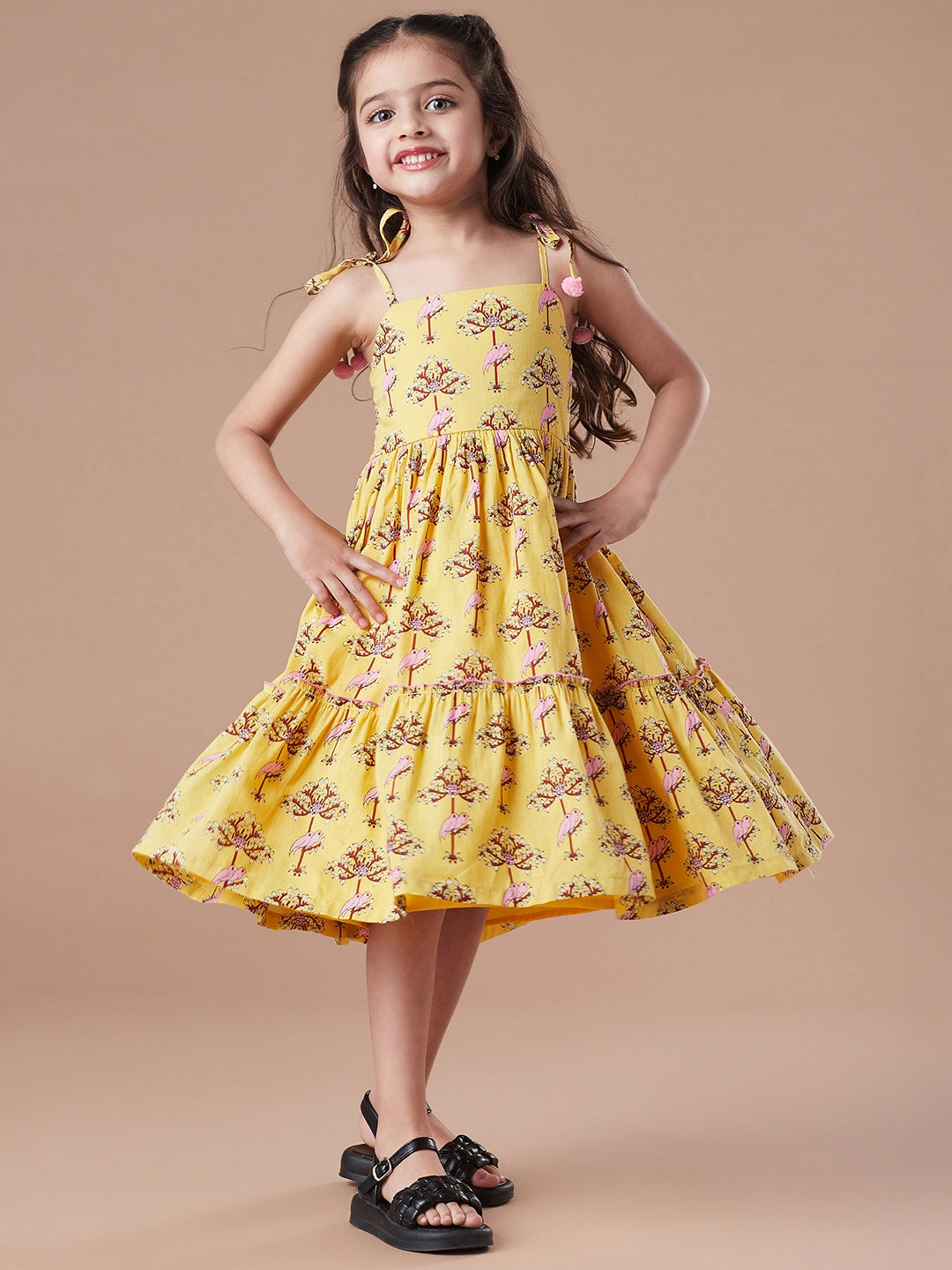 Girls Floral Printed Tiered Fit & Flare Midi Dress (IW-PINKPARROT)
