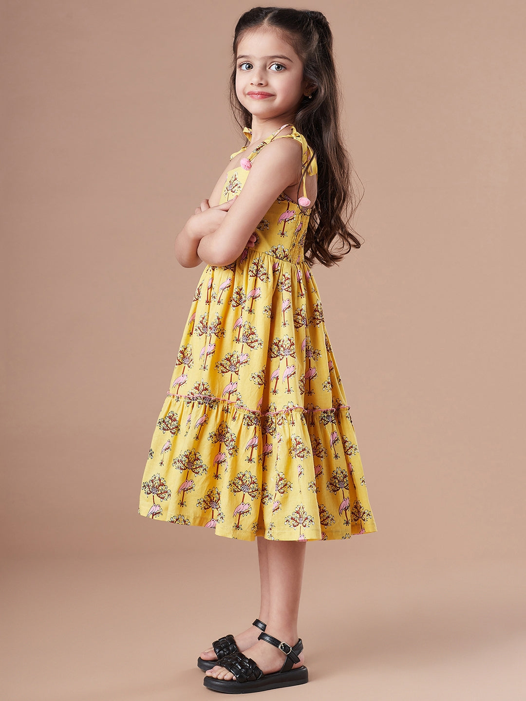 Girls Floral Printed Tiered Fit & Flare Midi Dress (IW-PINKPARROT)