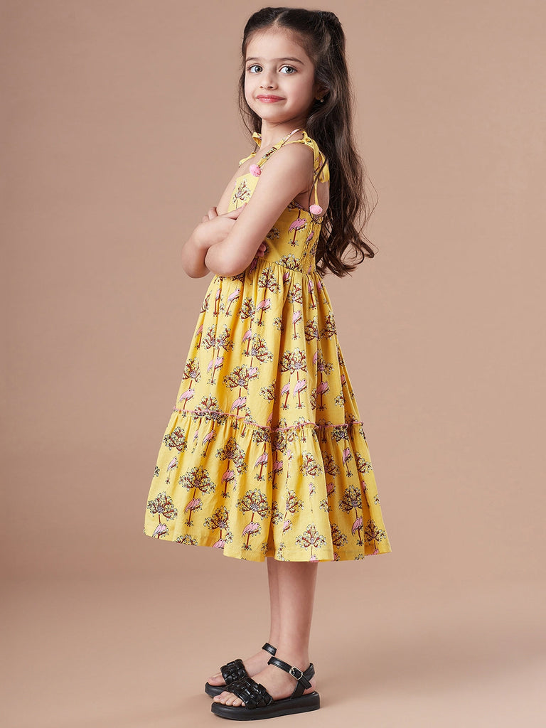 Girls Floral Printed Tiered Fit & Flare Midi Dress (IW-PINKPARROT)