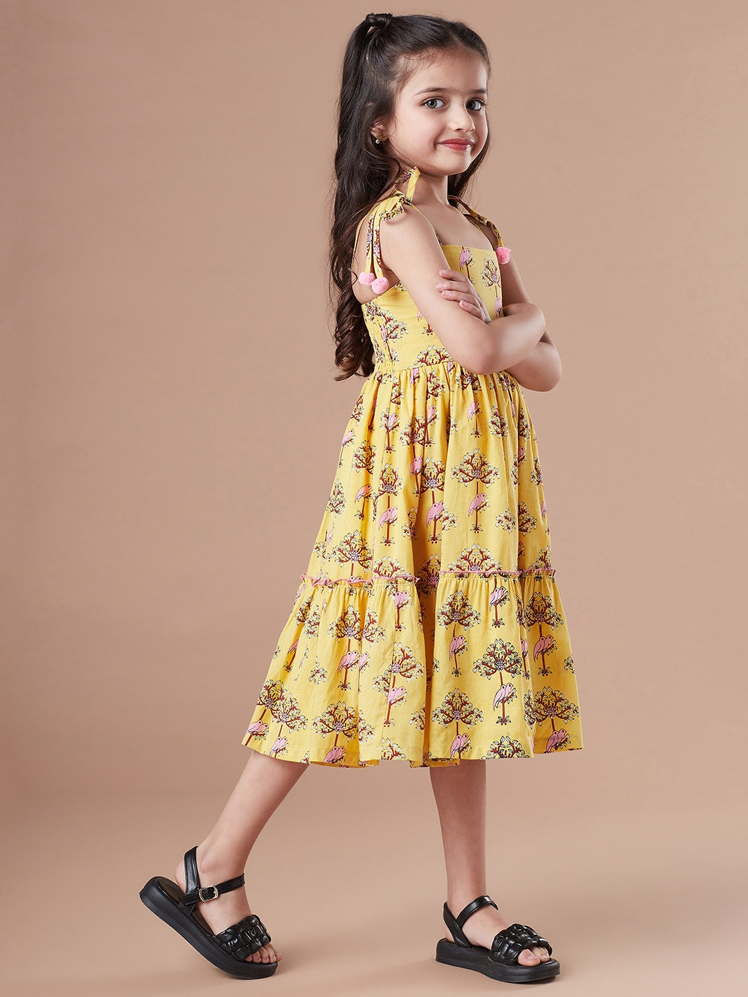 Girls Floral Printed Tiered Fit & Flare Midi Dress (IW-PINKPARROT)