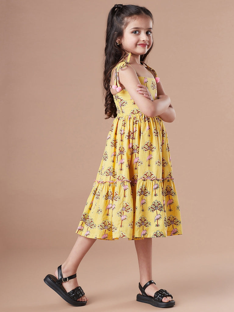 Girls Floral Printed Tiered Fit & Flare Midi Dress (IW-PINKPARROT)