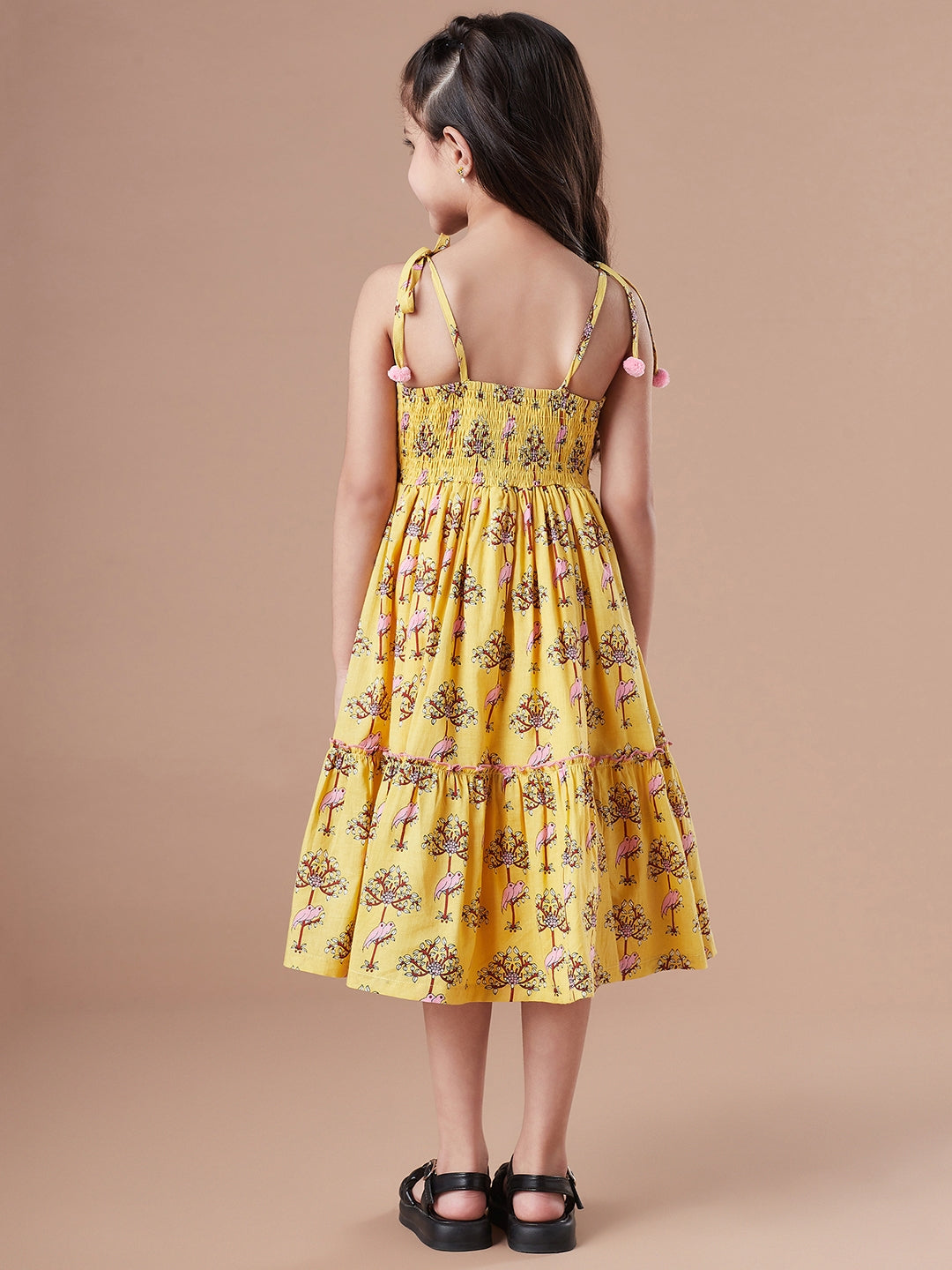 Girls Floral Printed Tiered Fit & Flare Midi Dress (IW-PINKPARROT)