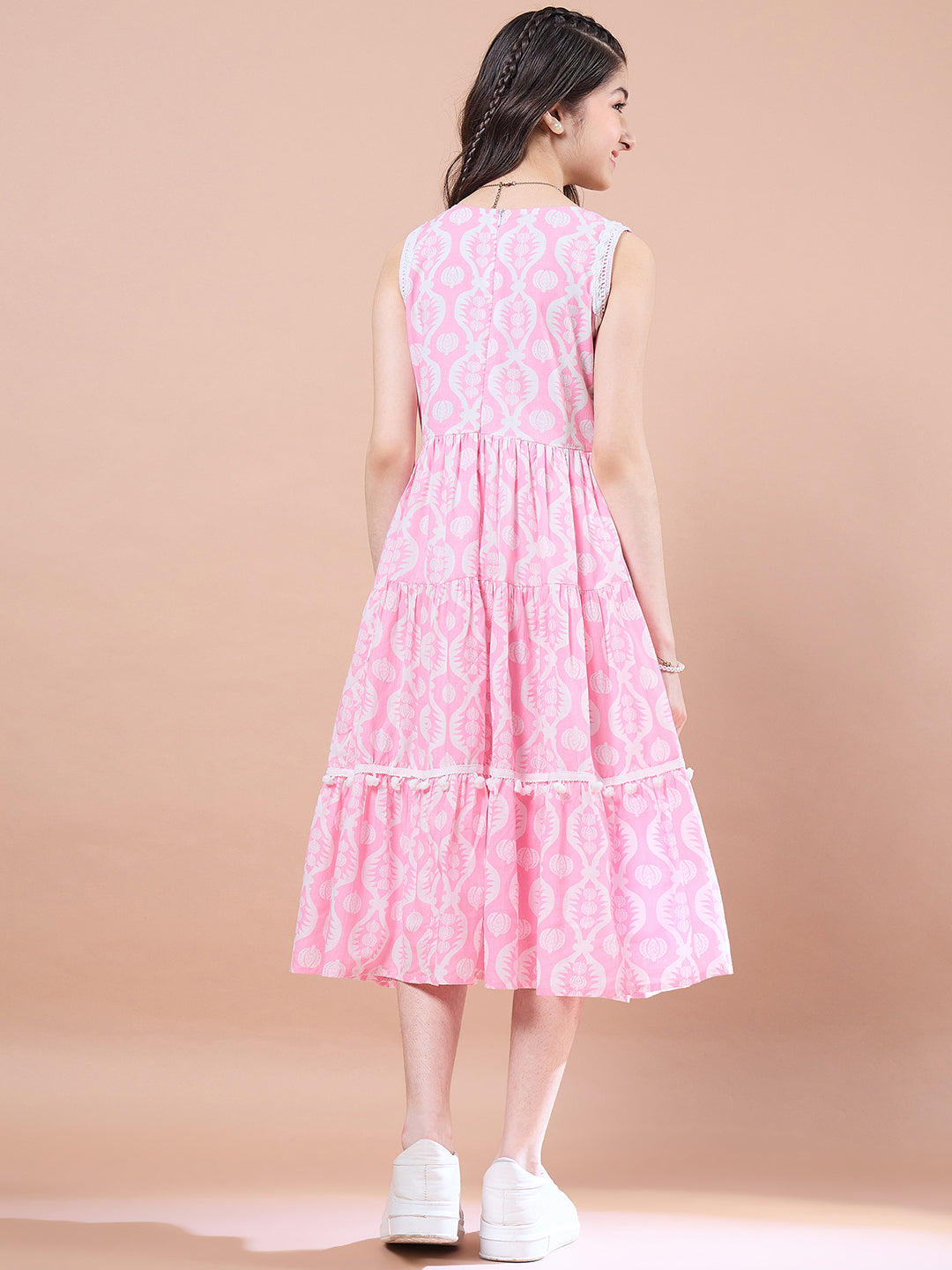 Pink floral print fit & flare Cotton Sleeveless V-neck Midi Dress (IW-PINKWHITEPRINT)