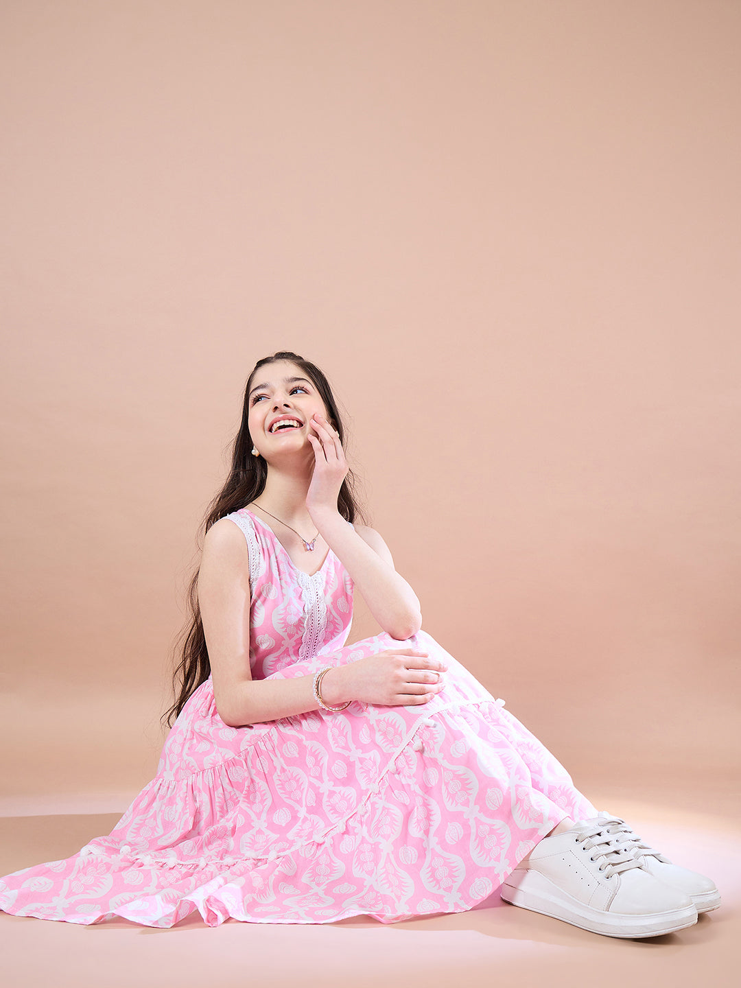 Pink floral print fit & flare Cotton Sleeveless V-neck Midi Dress (IW-PINKWHITEPRINT)