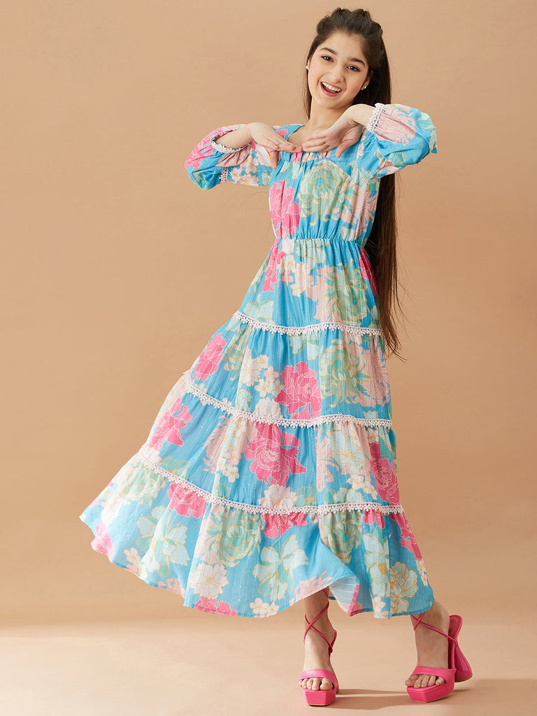 Girls Floral Printed Fit And Flare Tiered Cotton Maxi Dress (IW-PRINCESSBLUE)