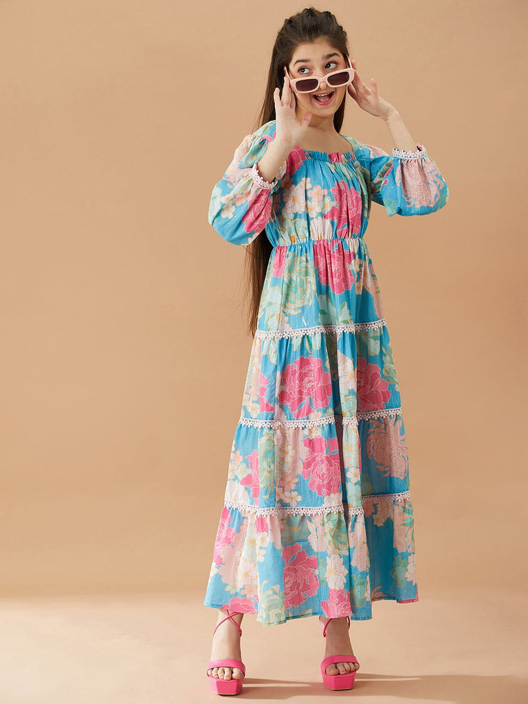 Girls Floral Printed Fit And Flare Tiered Cotton Maxi Dress (IW-PRINCESSBLUE)