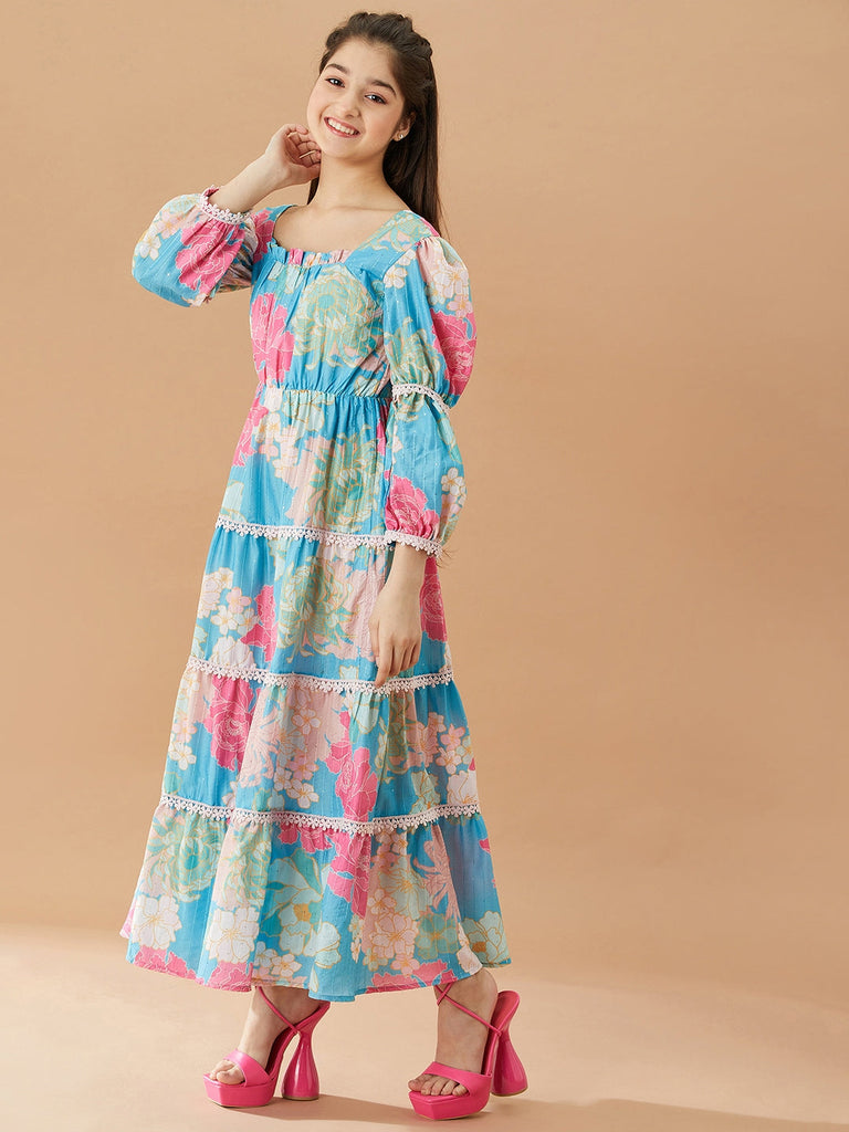 Girls Floral Printed Fit And Flare Tiered Cotton Maxi Dress (IW-PRINCESSBLUE)