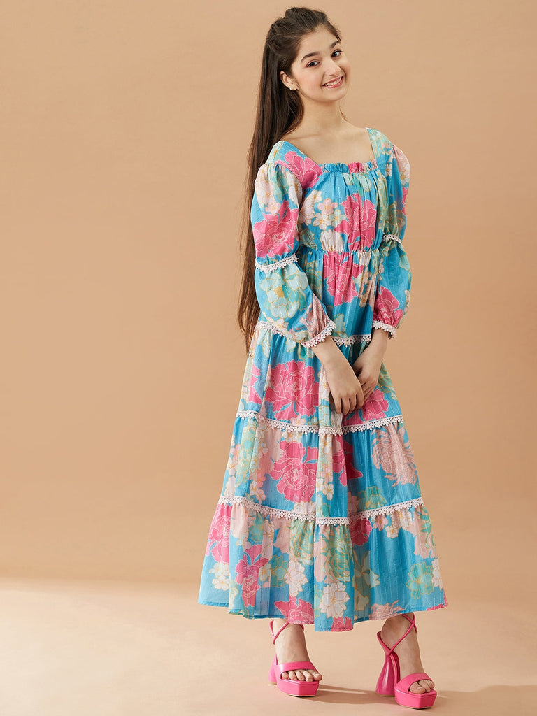 Girls Floral Printed Fit And Flare Tiered Cotton Maxi Dress (IW-PRINCESSBLUE)